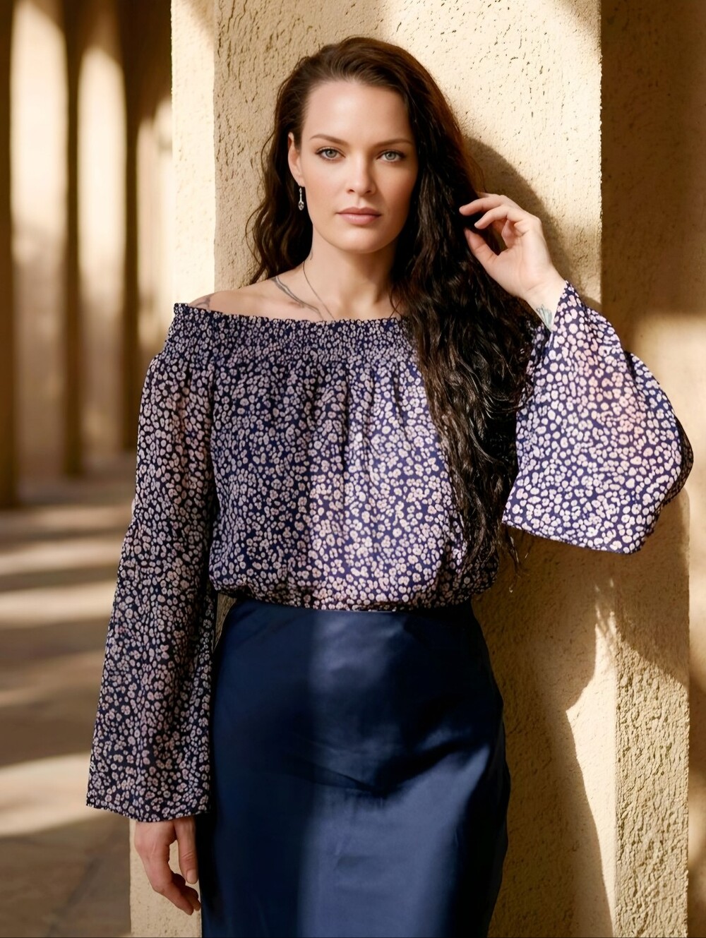 Rebecca Minkoff ✦ Navy Tan Sheer Off‑Shoulder Top ✦ Smocked Neckline Floral S